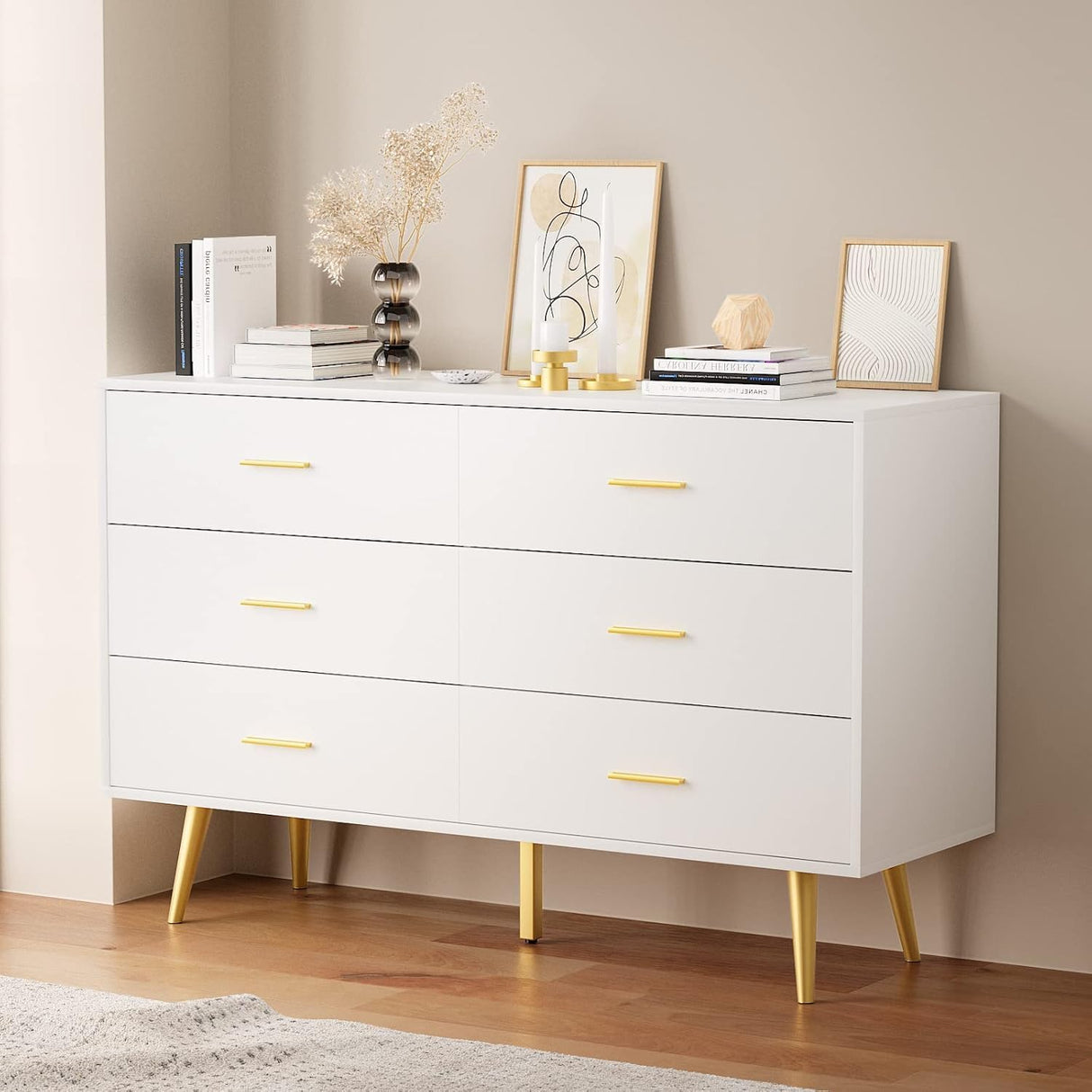 White Dresser for Bedroom, 6 Drawer Wooden Double Dresser with Gold Handles