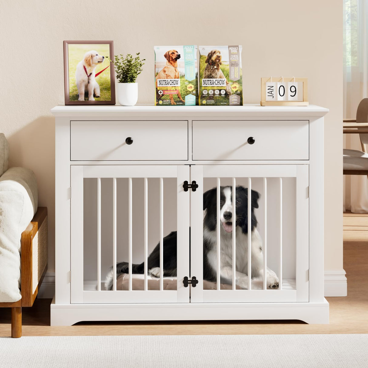 44" Large Dog Crate Furniture with Drawers - White Wooden Kennel End Table