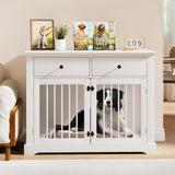 44" Large Dog Crate Furniture with Drawers - White Wooden Kennel End Table