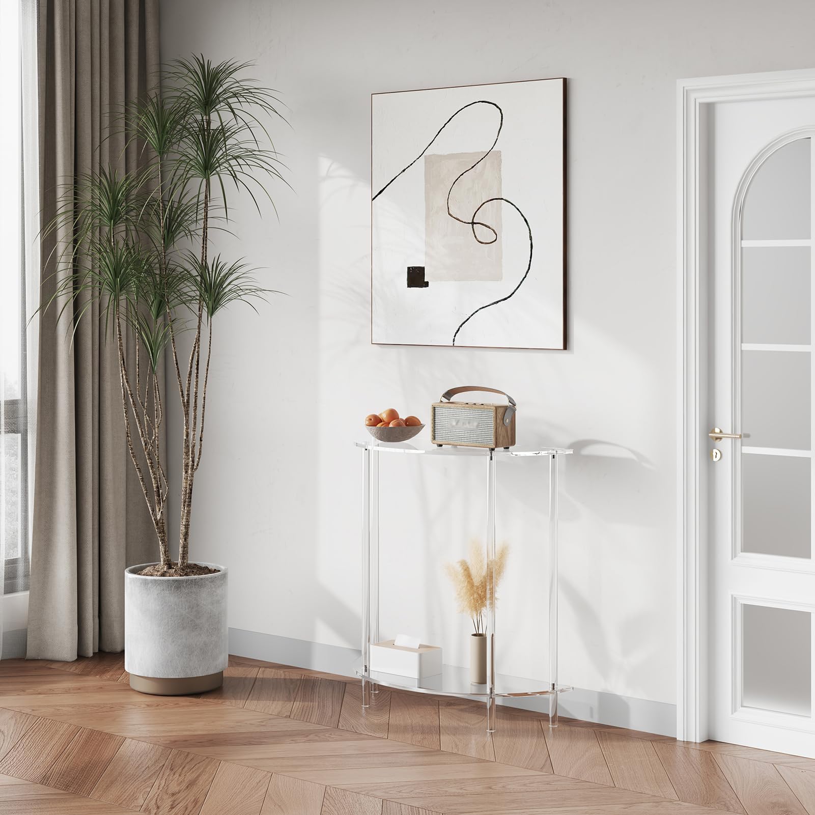 2-Tier Acrylic Console Table - Half Moon Entryway Table with Storage Shelf