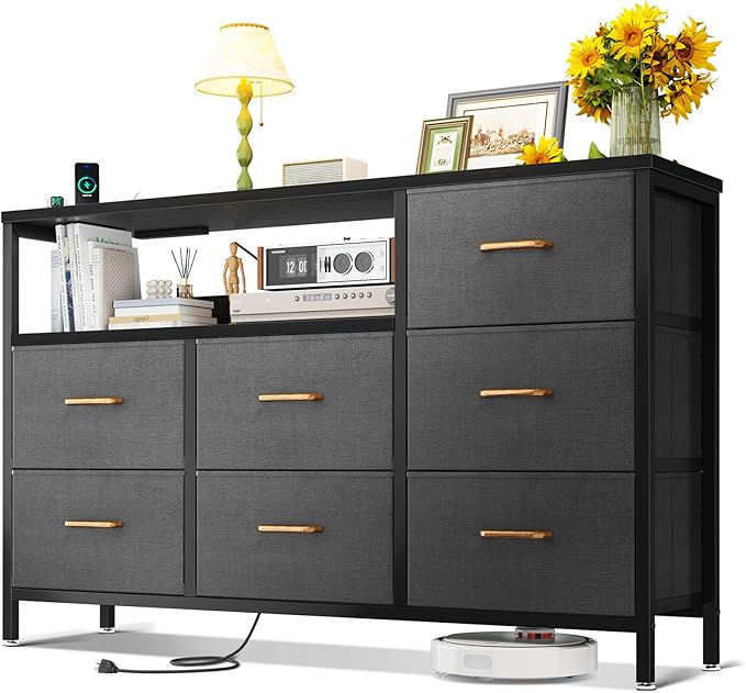 Dresser with Charging Station, 52-Inch Long Dresser for Bedroom with 7 Large Fabric
