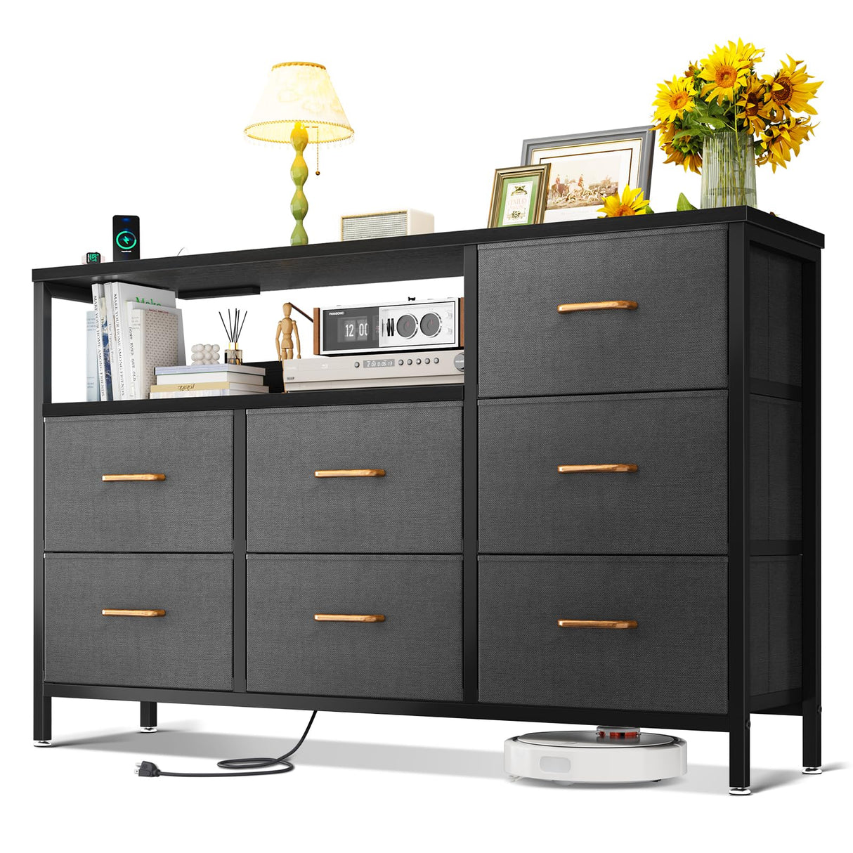 Dresser with Charging Station, 52-Inch Long Dresser for Bedroom with 7 Large Fabric