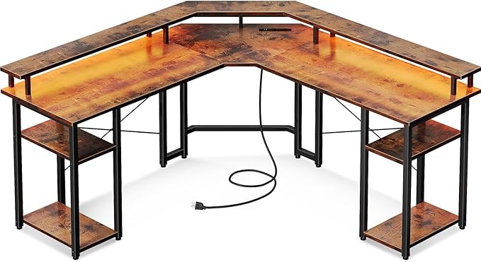 Shaped Gaming Desk with LED Lights & Power Outlets, Reversible 56" Computer Desk