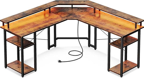 Shaped Gaming Desk with LED Lights & Power Outlets, Reversible 56" Computer Desk