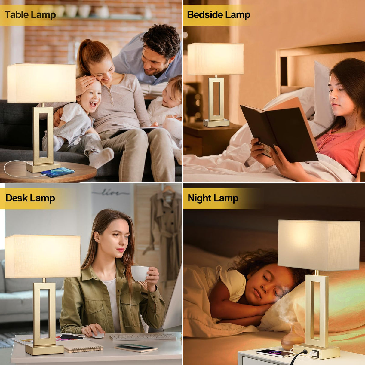 Bedroom Table Lamps Set of 2 - Touch Bedside Lamps with USB C+A, 3 Way Dimmable Gold Lamp for Nightstand,