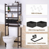 Cozivolife Over The Toilet Storage with 2 Baskets,4-Tier Bamboo Over Toilet Organizer Rack with Paper Holder & 4 Hooks & Waterproof Feet Pad,Freestanding Above Toilet Shelf for Bathroom(Brown)