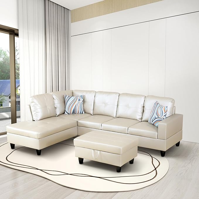 Sectional Set L Shape Couch, Faux Leather 5-seat Sofa