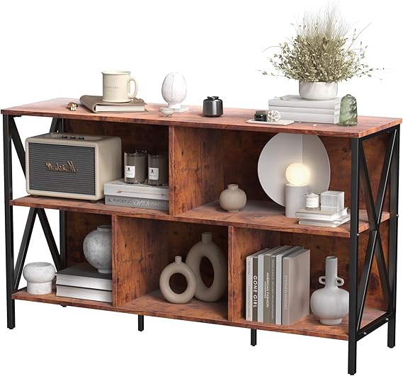 Horizontal Bookshelf,Industrial Modern 5 Cube Low Wide Cubby Bookcase