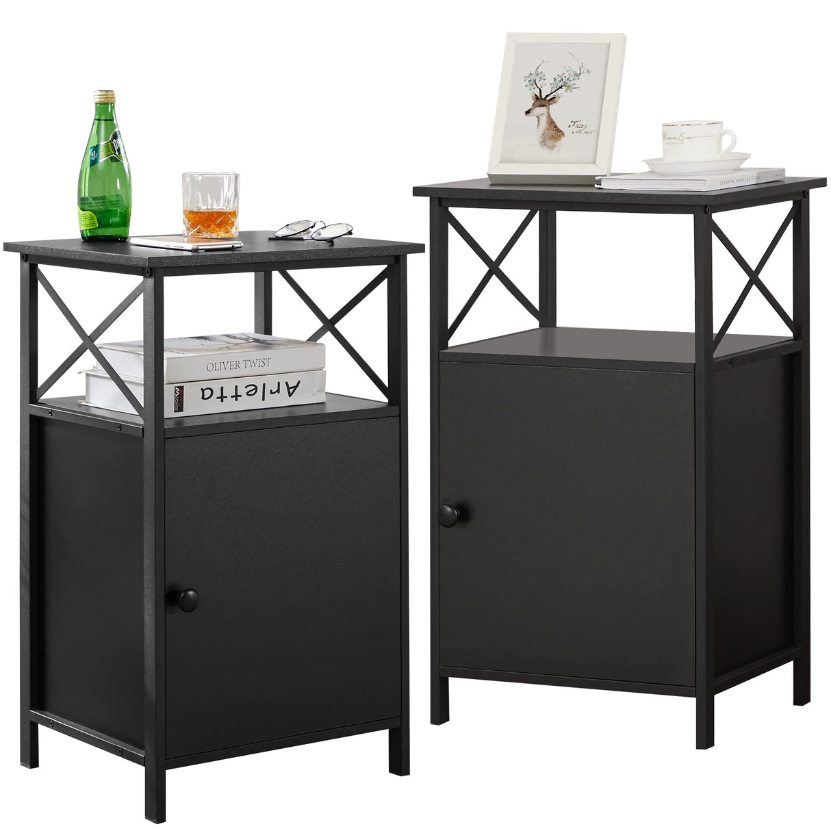 Black End Side Table, Modern Night Stand with Storage Space and Door,Set