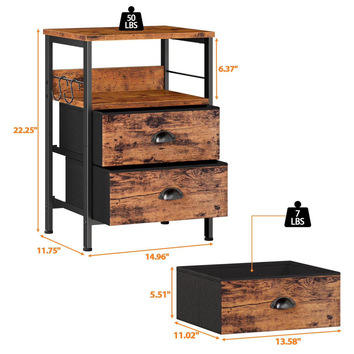 Nightstands Set 2, Bedside Table with 2 Fabric Drawers