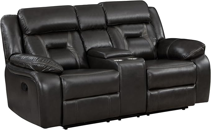 Millie 76 Inch Manual Dual Recliner Loveseat, Cupholders, Faux Leather, Gray and Black