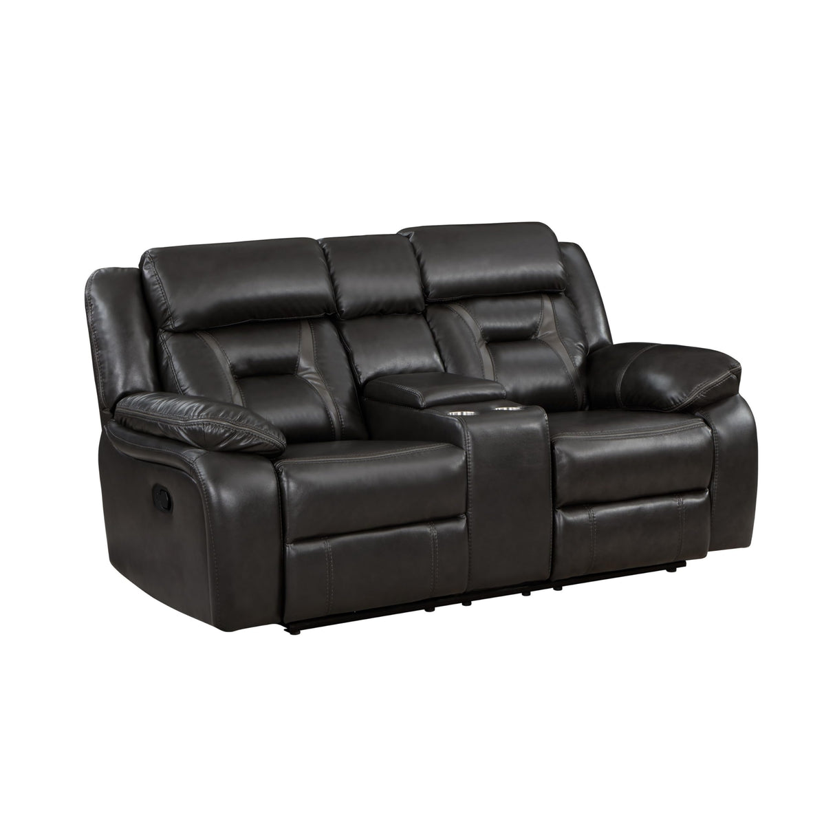 Millie 76 Inch Manual Dual Recliner Loveseat, Cupholders, Faux Leather, Gray and Black