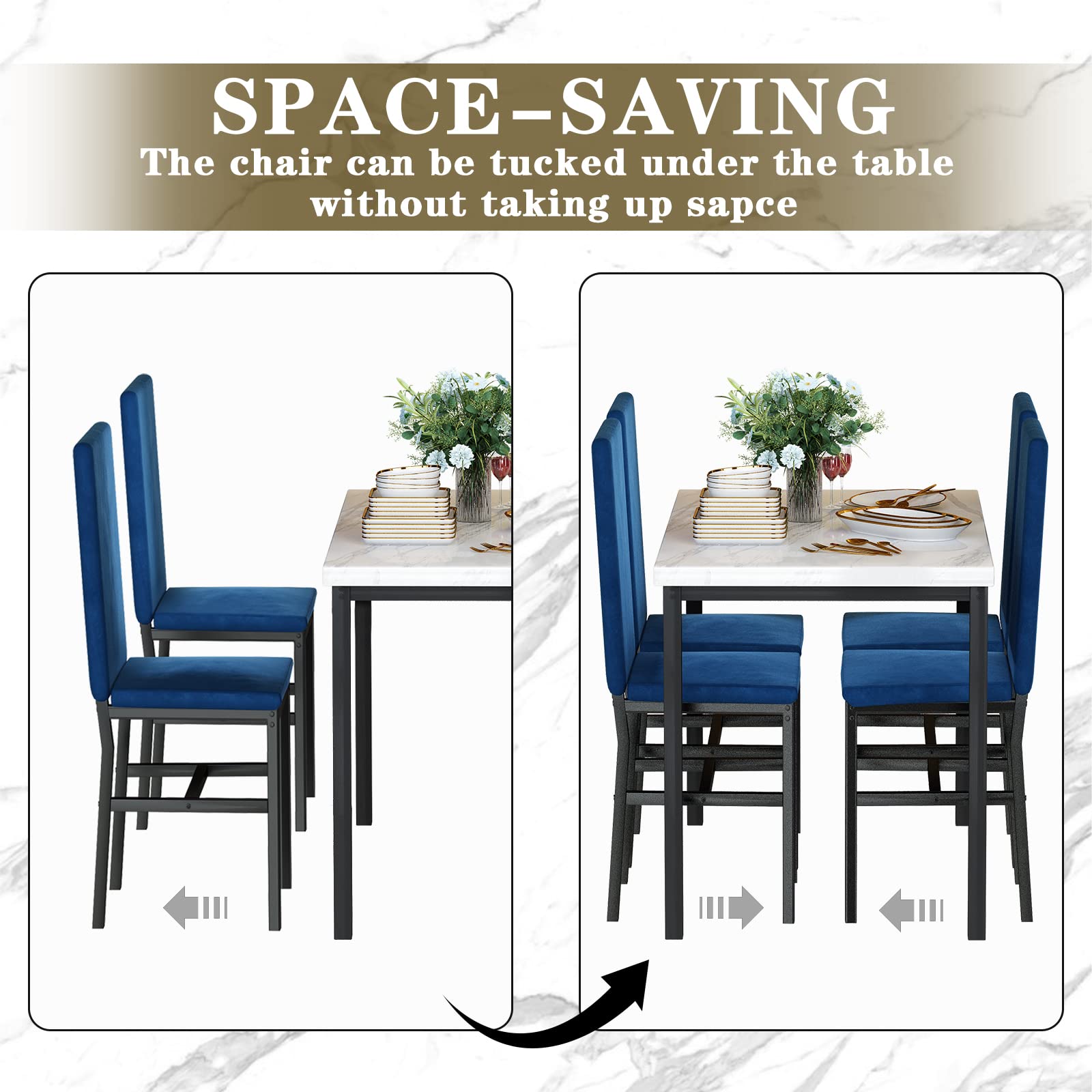 4-Piece Dining Table Set with Faux Marble Top and Blue Velvet Chairs