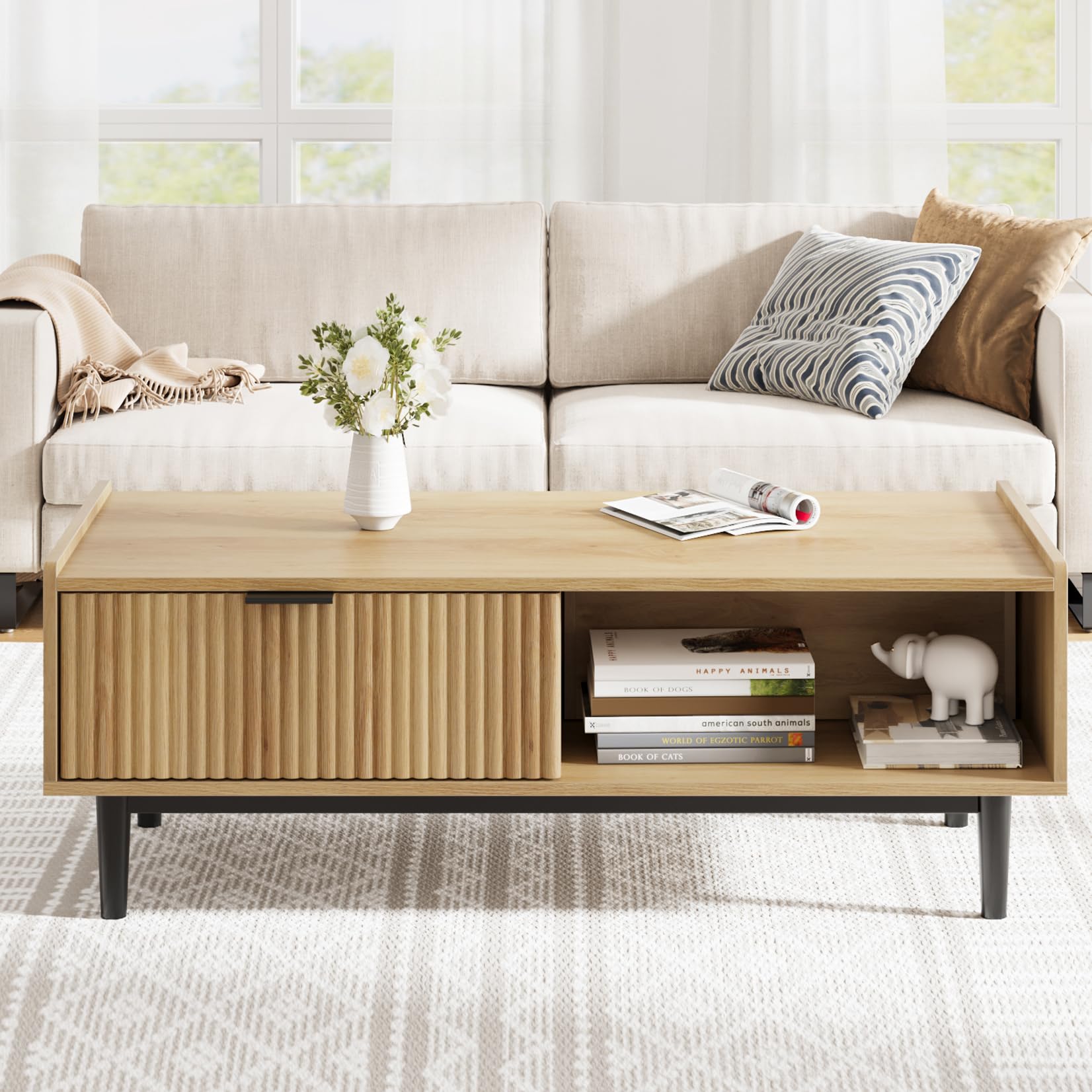Coffee Table Mid Century Modern Center Table with Drawer 42.5" Fluted Living Room Table