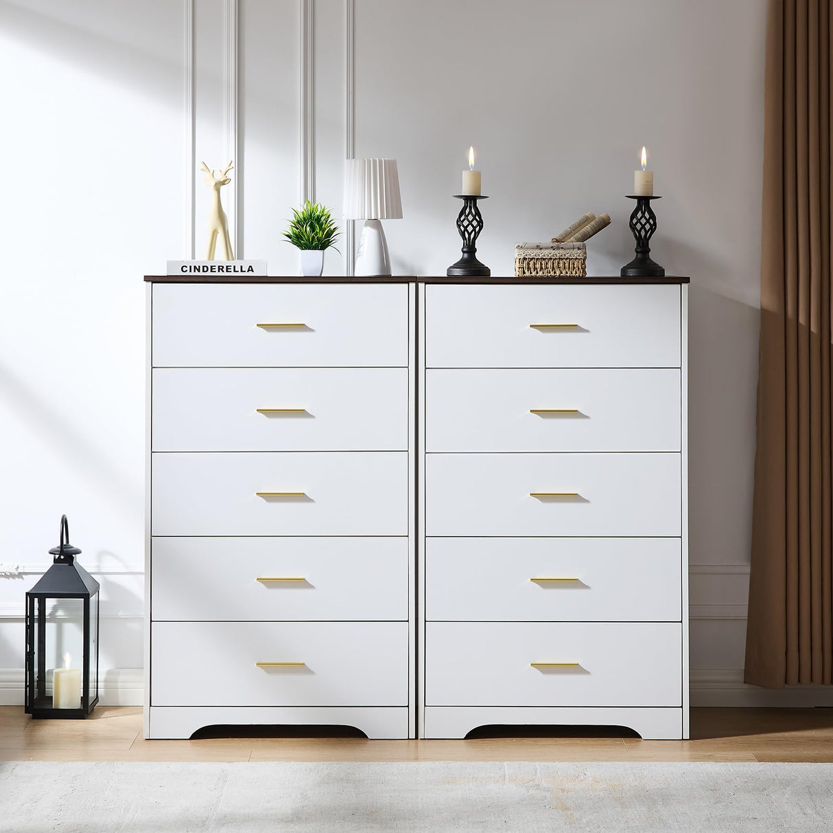 White Dresser for Bedroom Wooden, 5 Drawer Dressers & Chests of Drawers, Modern Wood Tall Dresser, 47 Inches Tall Chest of Drawers for Bedroom, Hallway, Living Room