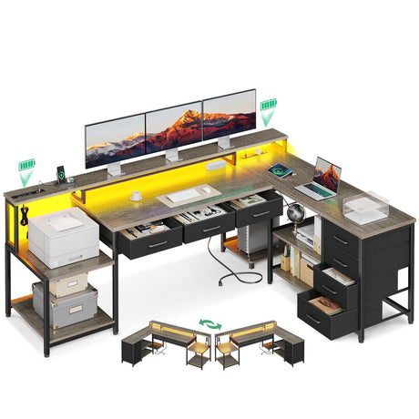 79" L Shaped Desk, L Shaped Computer Desk with 2 Power Outlets & Monitor Shelf