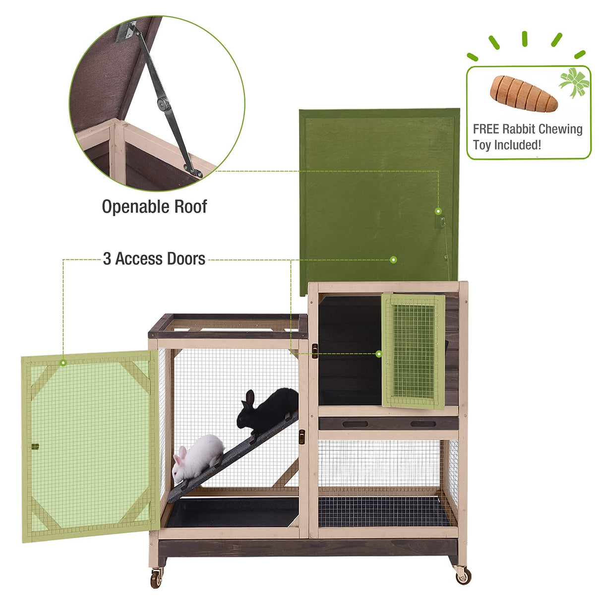 Outdoor Rabbit Hutch, Bunny Cage on Wheels with 2 Deep No Leakage Pull Out Trays