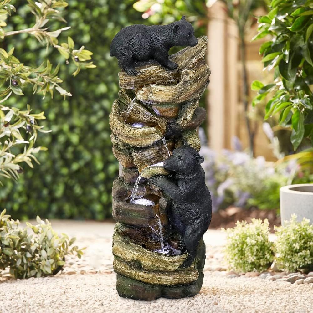 39.3 Inch 5 Tier Outdoor Garden Water Fountain Bears Climbing Tree Resin Fountain