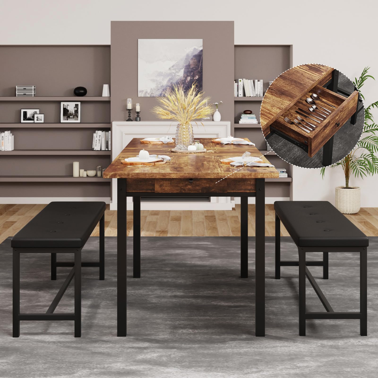 Halitaa 3-Piece Dining Table Set for 4-8, Kitchen Table Set with Metal Frame & Wooden Board，63" Extendable Dining Room Table Set with Drawer and 2 Upholstered Benches (Rustic Brown)