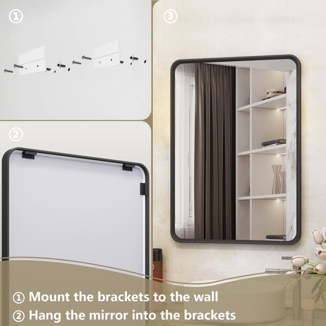 OKPAL Black Bathroom Mirror for Wall, 48X30 Inch Bathroom Vanity Mirror, Black Rectangle Frame Mirror, Matte Black Metal Bathroom Mirror, Rounded Corner, Anti-Rust, Tempered Glass