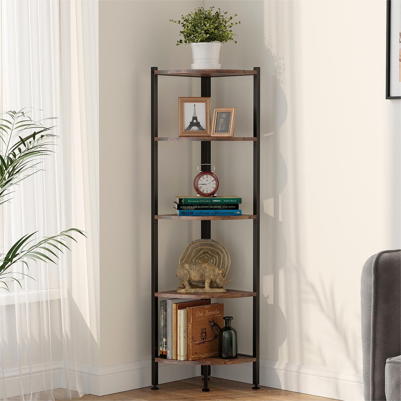 Apicizon 5 Tier Corner Shelf, Industrial Tall Standing Corner Bookshelf, Metal Frame Plant Display Stand Organizer for Wall Corner, Living Room, Bedroom, Bathroom Kitchen, Brown