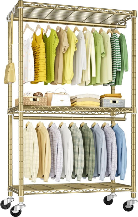 FUTASSI P3 Rolling Clothes Rack, Clothing Racks for Hanging Clothes, Heavy Duty Garment Rack with Wheels, Freestanding Portable Closet Organizer 39.4'' W x 14'' D x 78.5'' H, Max Load 464 LBS, Gold