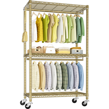 FUTASSI P3 Rolling Clothes Rack, Clothing Racks for Hanging Clothes, Heavy Duty Garment Rack with Wheels, Freestanding Portable Closet Organizer 39.4'' W x 14'' D x 78.5'' H, Max Load 464 LBS, Gold