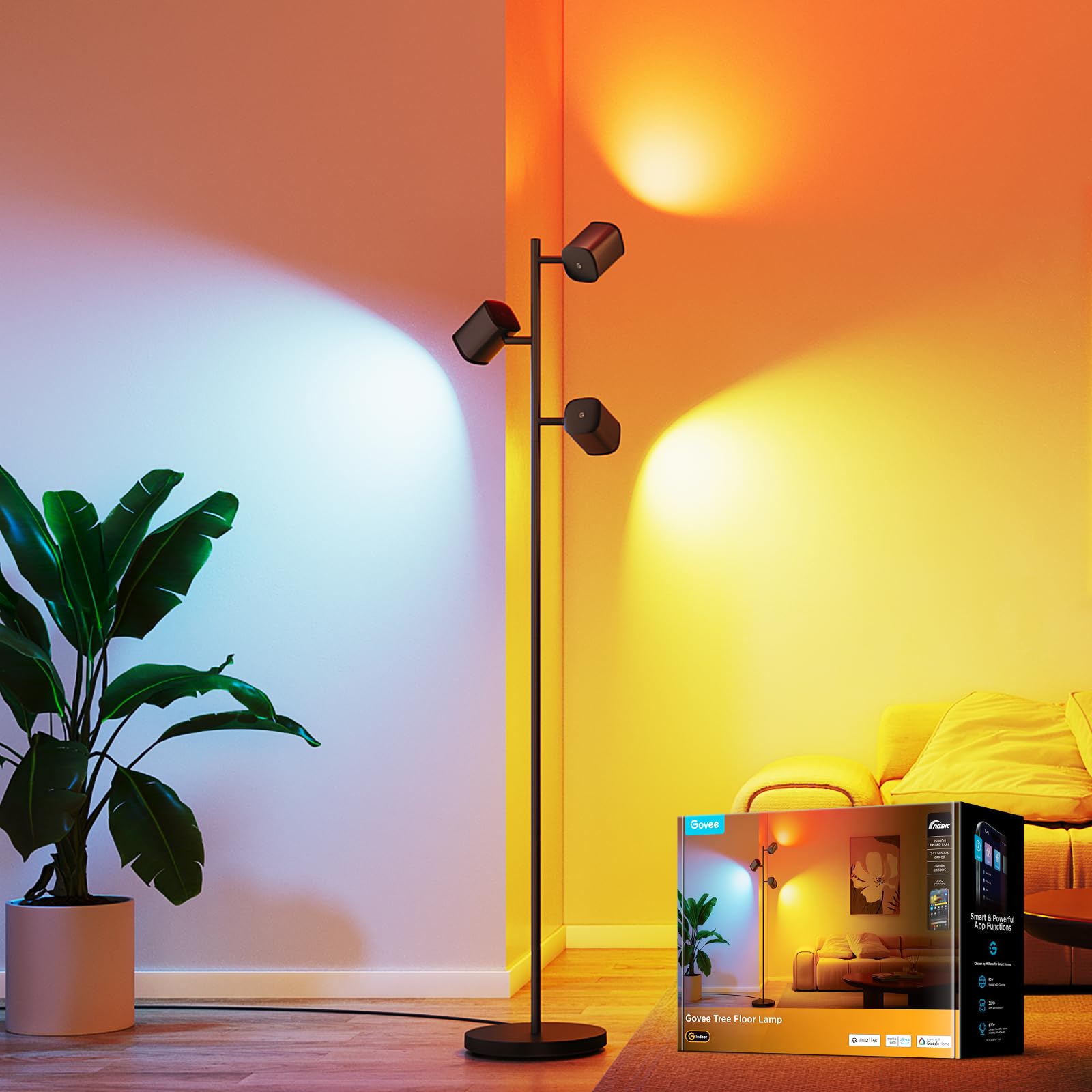 Tree Floor Lamp with Matter Compatibility - 3 Rotatable Lights & Music Sync