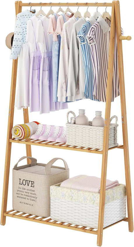 COOGOU Kids Clothing Rack for Hanging Clothes,Small Clothes Racks Wooden Dress Up Storage Costume Rack,Short Toddler Clothes Organizer,Mini Bamboo Garment Rack with Shelves Laundry Drying,Standing