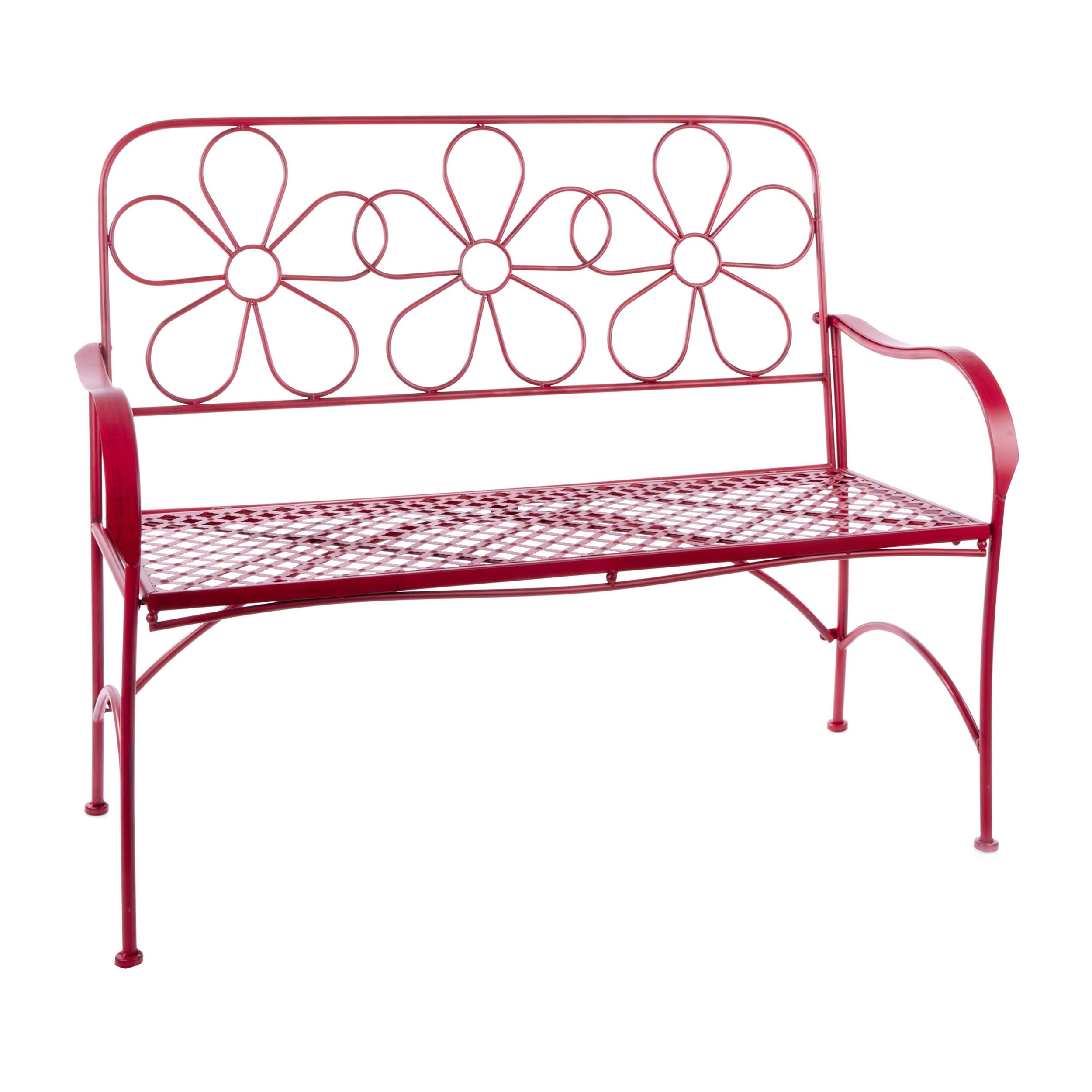 45" L Indoor/Outdoor 2-Person Metal Garden Bench with Daisy Backrest, Red