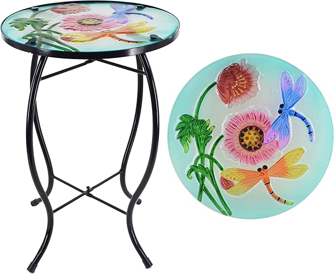 NewVees Peacock Patio Side Table, Small Patio Outdoor Side Table, Plant Table,Metal Glass End Table for Porch Garden Yard Pool.
