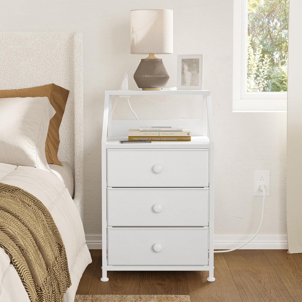 Nightstand Set of 2, White Night Stands with Charging Station, Bedside Tables with 3