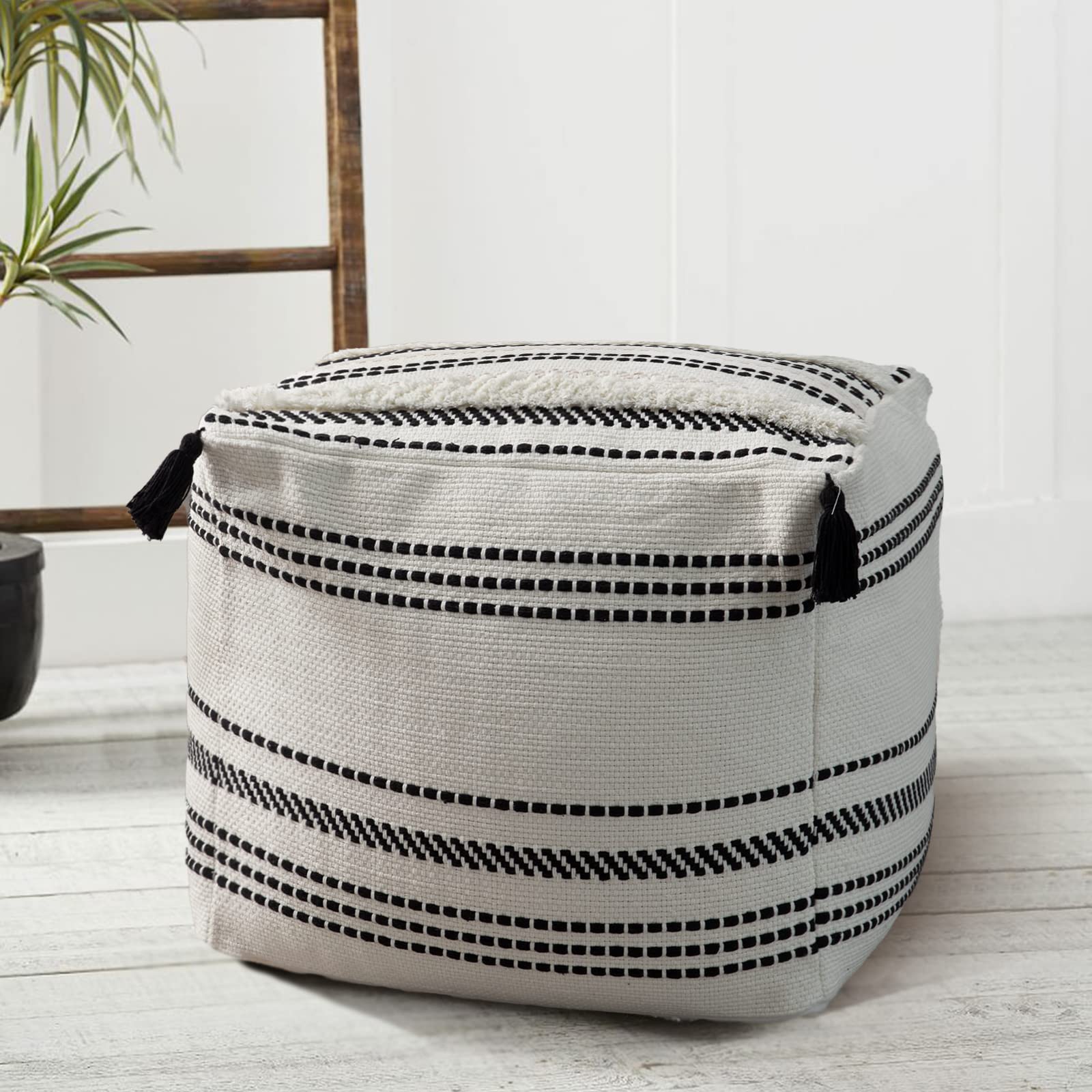 Ottoman Pouf Cover 18x18x16, Square Striped Morocco Tufted Boho Foot Rest with Big