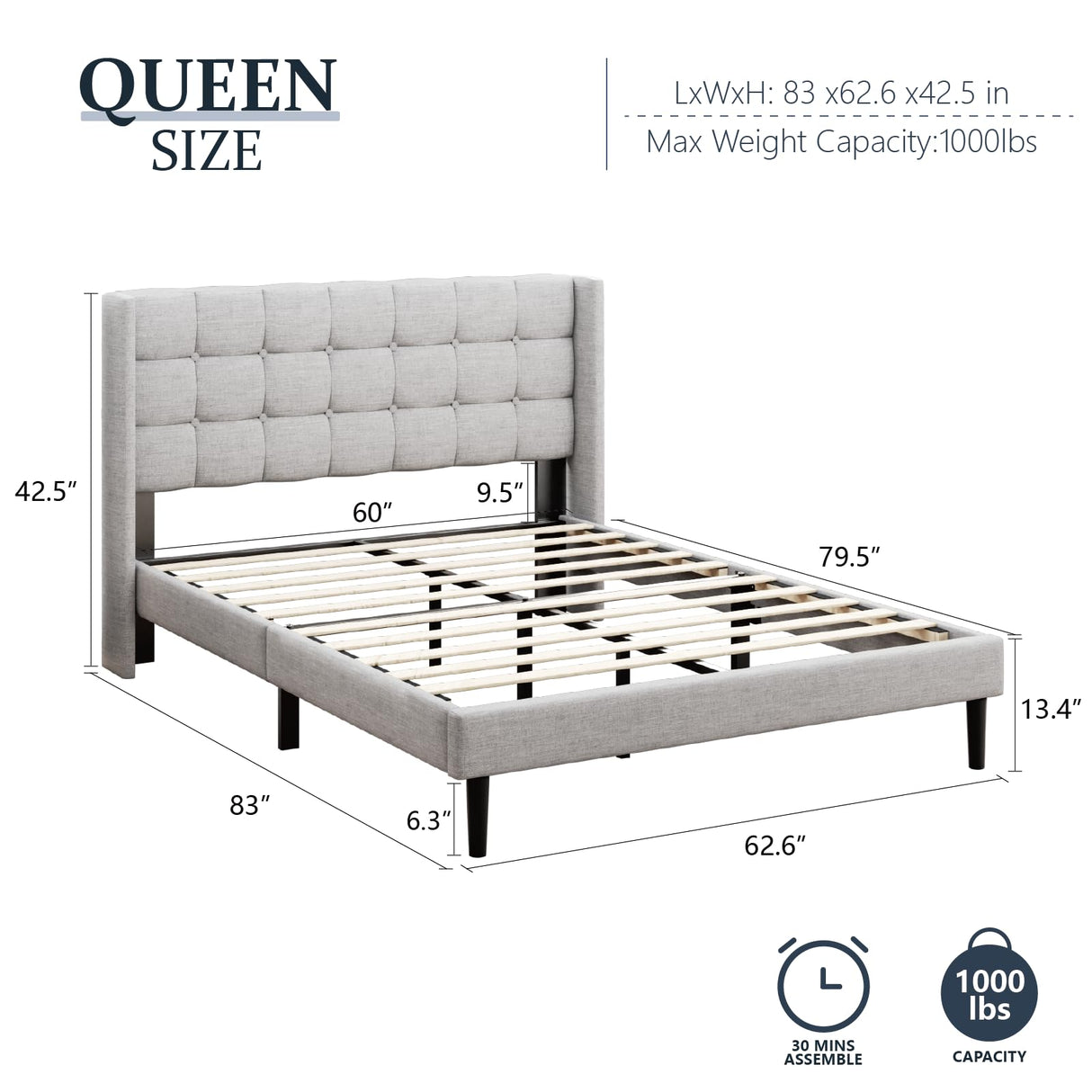 Queen Size Bed Frame with Headboard, Modern Upholstered Platform Bed Frames, Button