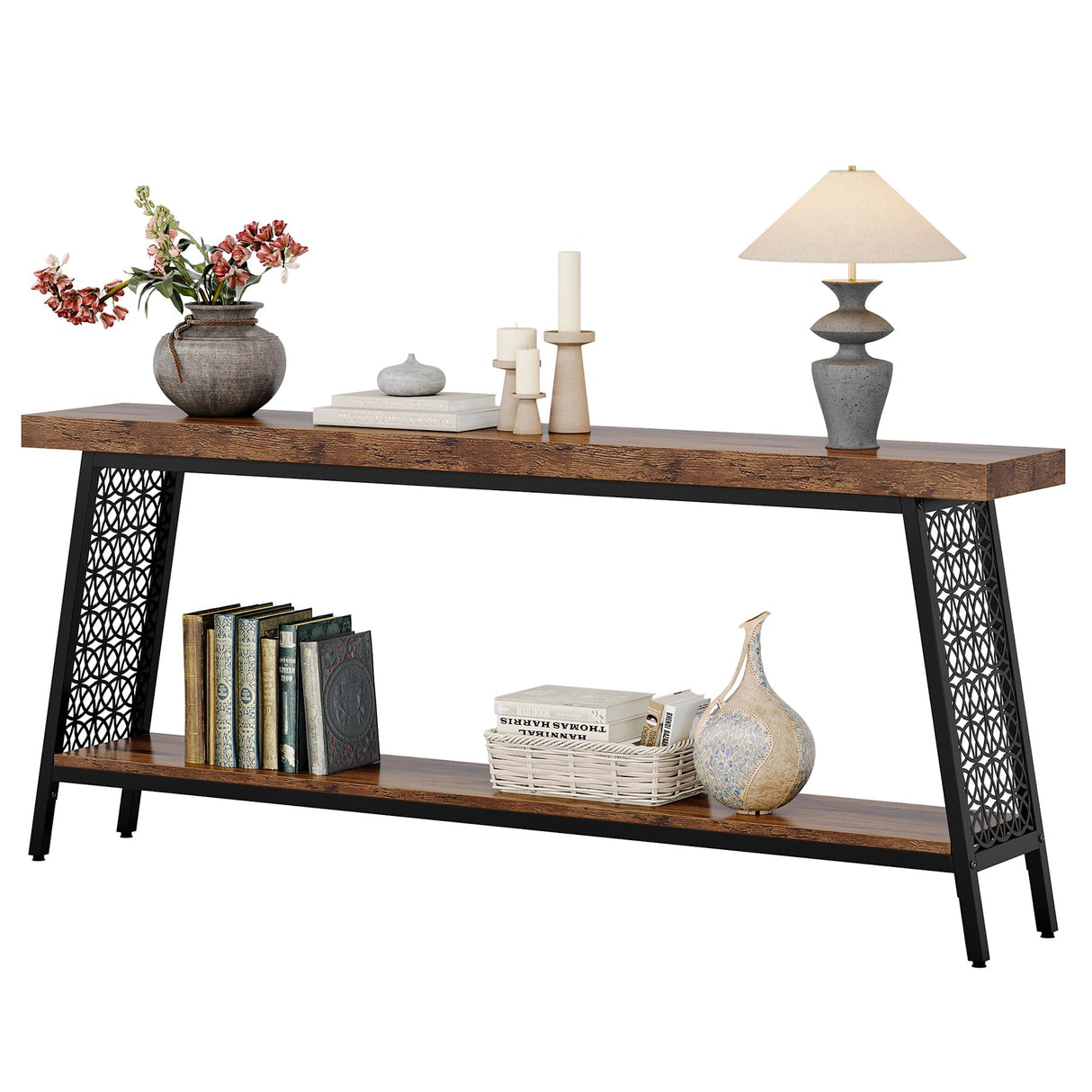 70.9" Console Table, 2-Tier Extra Long Sofa Table, Industrial Entryway Table Behind Couch