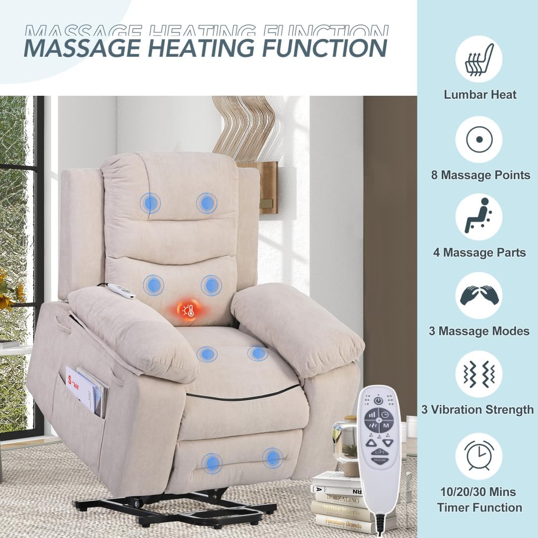 Power Lift Recliner Chair for Elderly Modern Linen Upholstered Electric Recliner Chair with Adjustable Massage and Heating Single Sofa Sofa with Infinite Position and Side Pocket for Living Room Beige