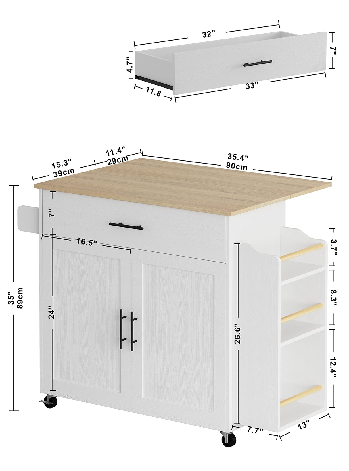 Kitchen Island with Storage, Rolling Kitchen Island on Wheels with Drop Leaf