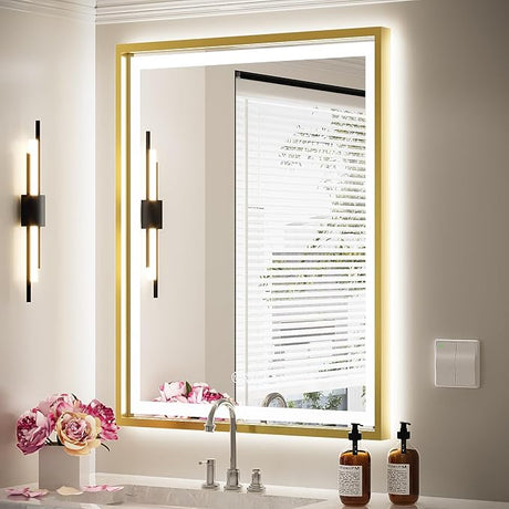 Bathroom Mirror, 28x36 Inch Frontlit & Backlit Gold Framed Lighted Mirror,Wall Mouted