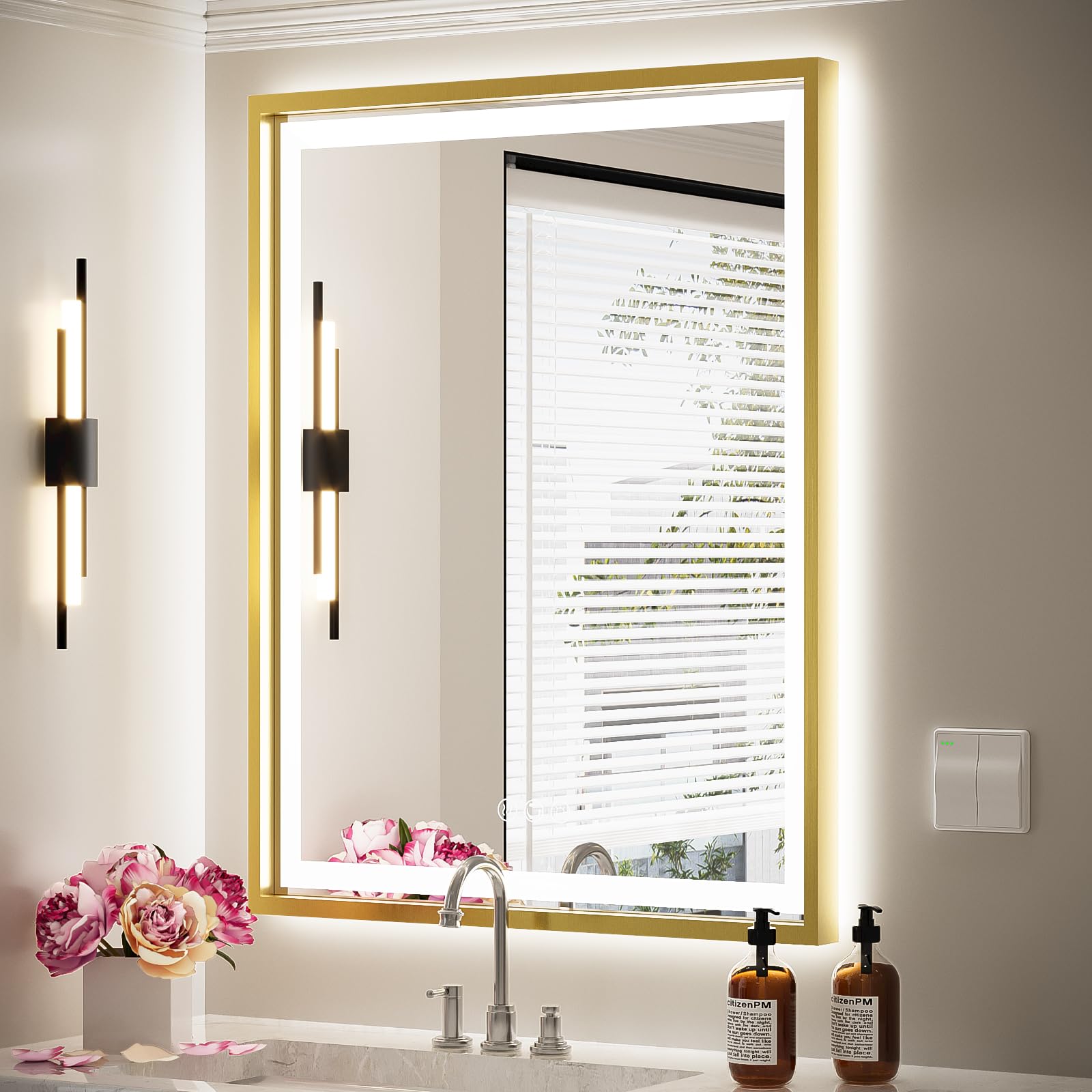 Bathroom Mirror,  Frontlit & Backlit Gold Framed Lighted Mirror