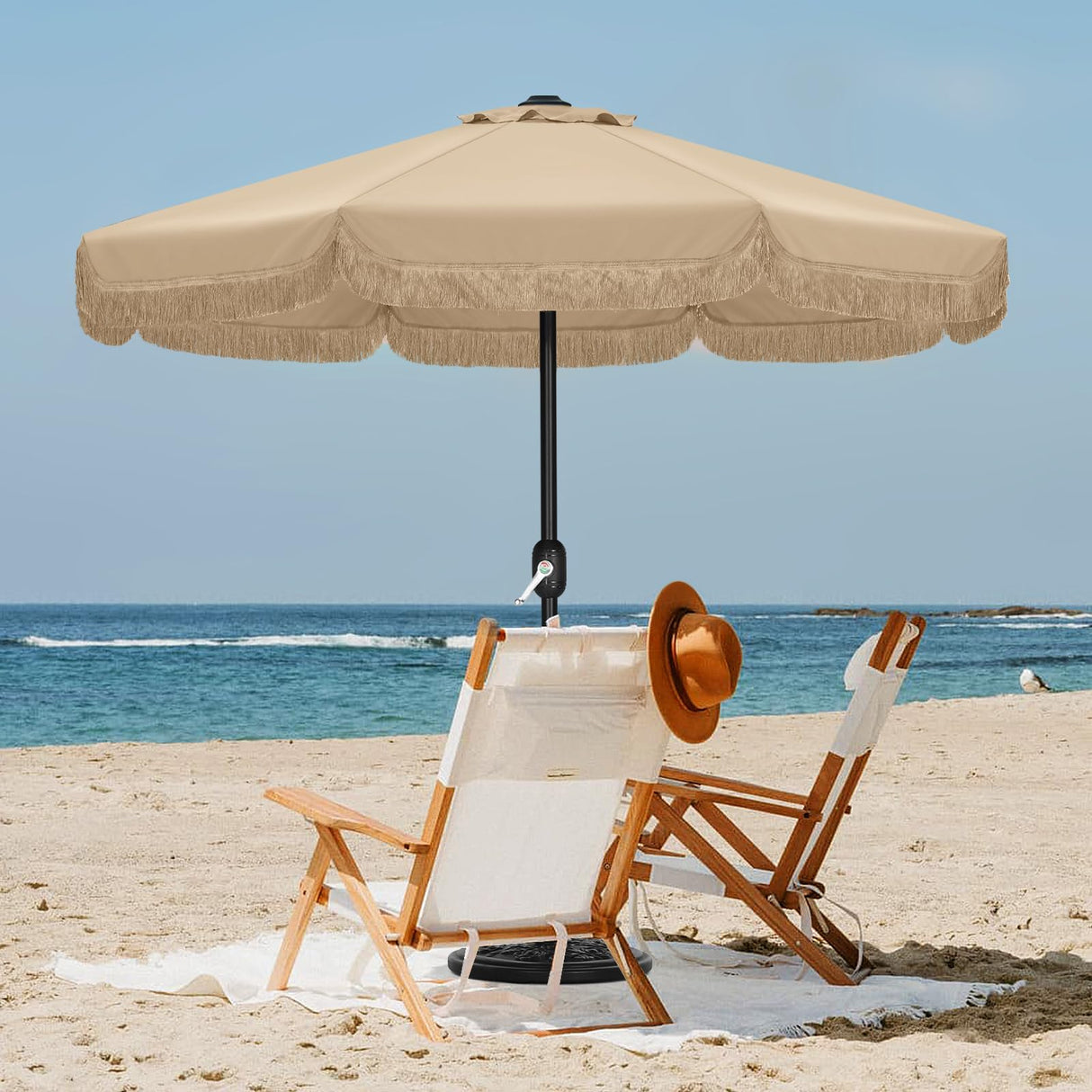 9ft Patio Umbrella with Fringe Outdoor Tassel Umbrella for Holiday Garden Lawn Pool Yard