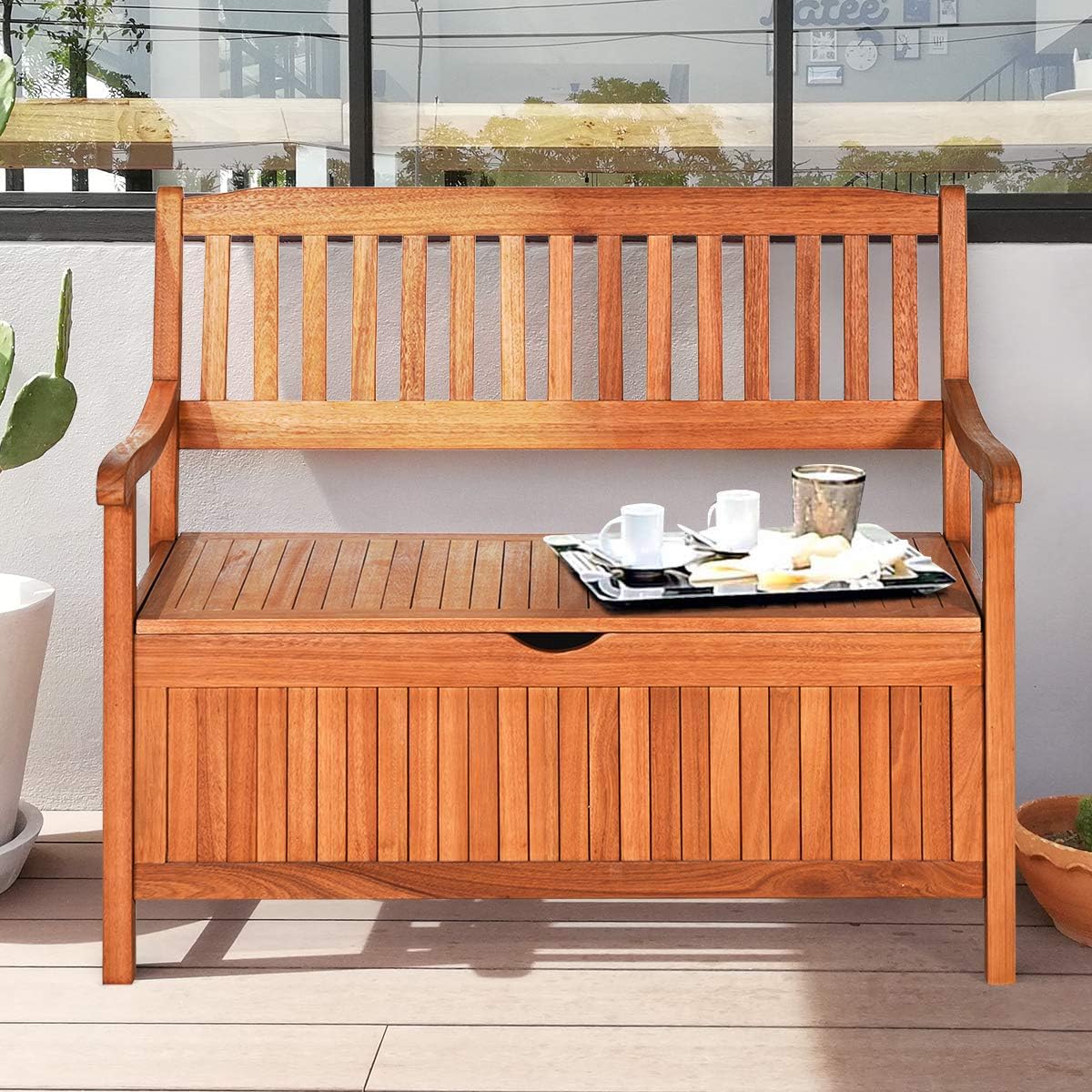 Wooden Outdoor Storage Bench Large Deck Box, Entryway Storage Bench w/Inner