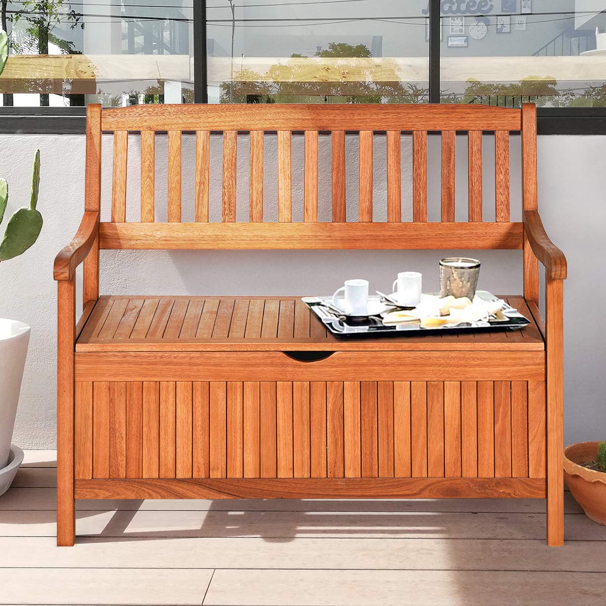 Wooden Outdoor Storage Bench Large Deck Box, Entryway Storage Bench w/Inner