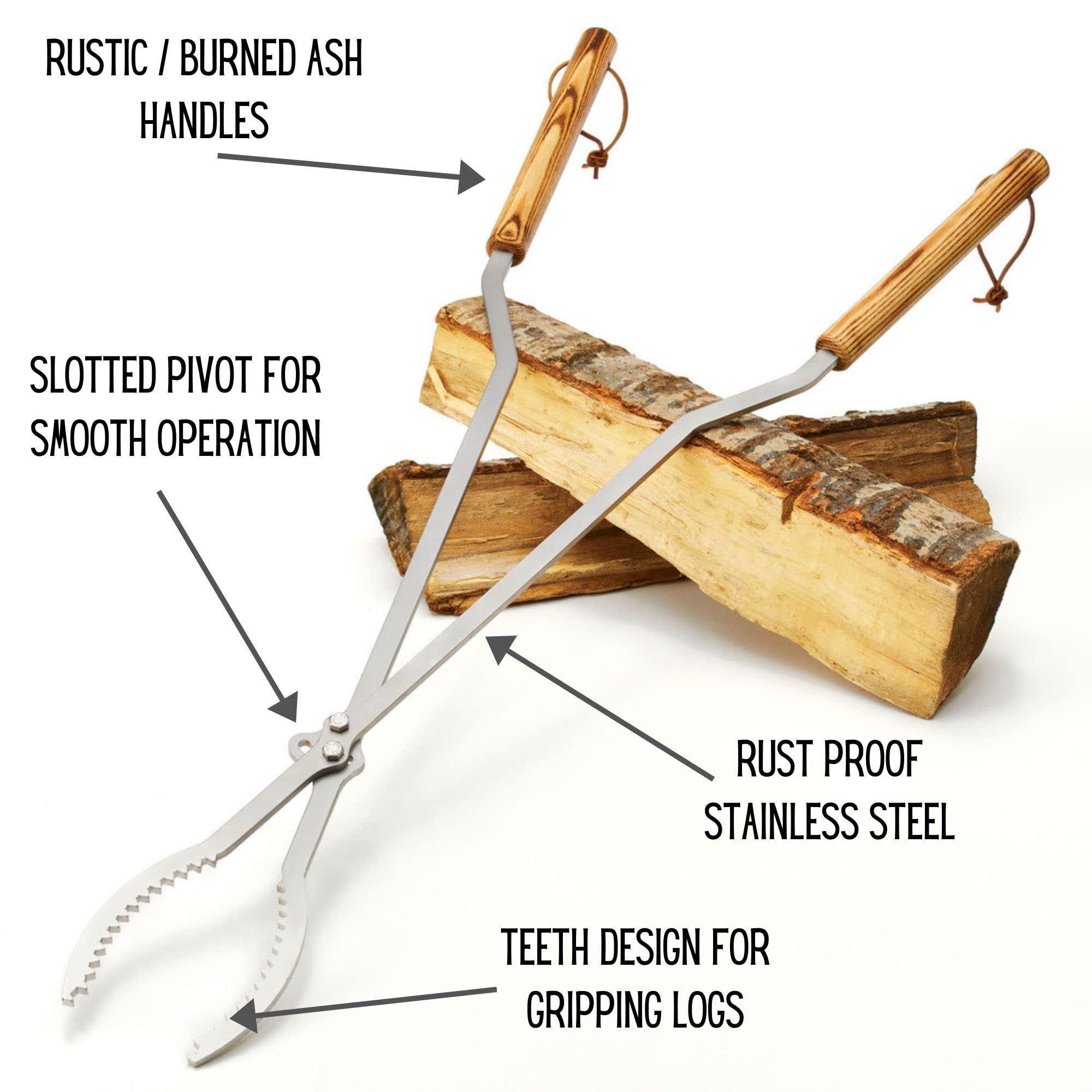 Fire Pit Tongs - Stainless Steel - Heavy Duty Log Grabbers - Made in USA - Bonfire