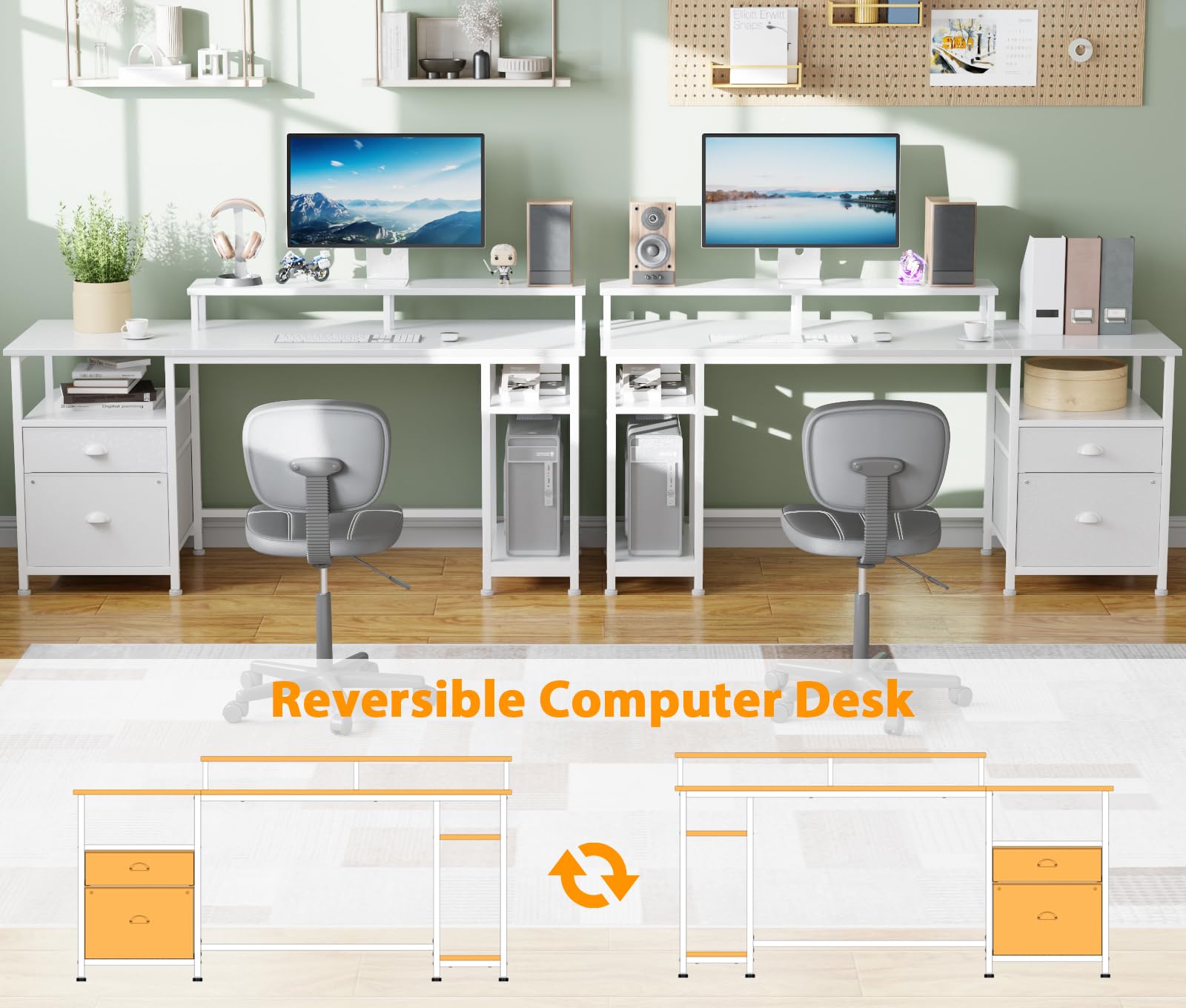 61" Computer Desk with Fabric File Cabinet & Drawer, Reversible White Desk