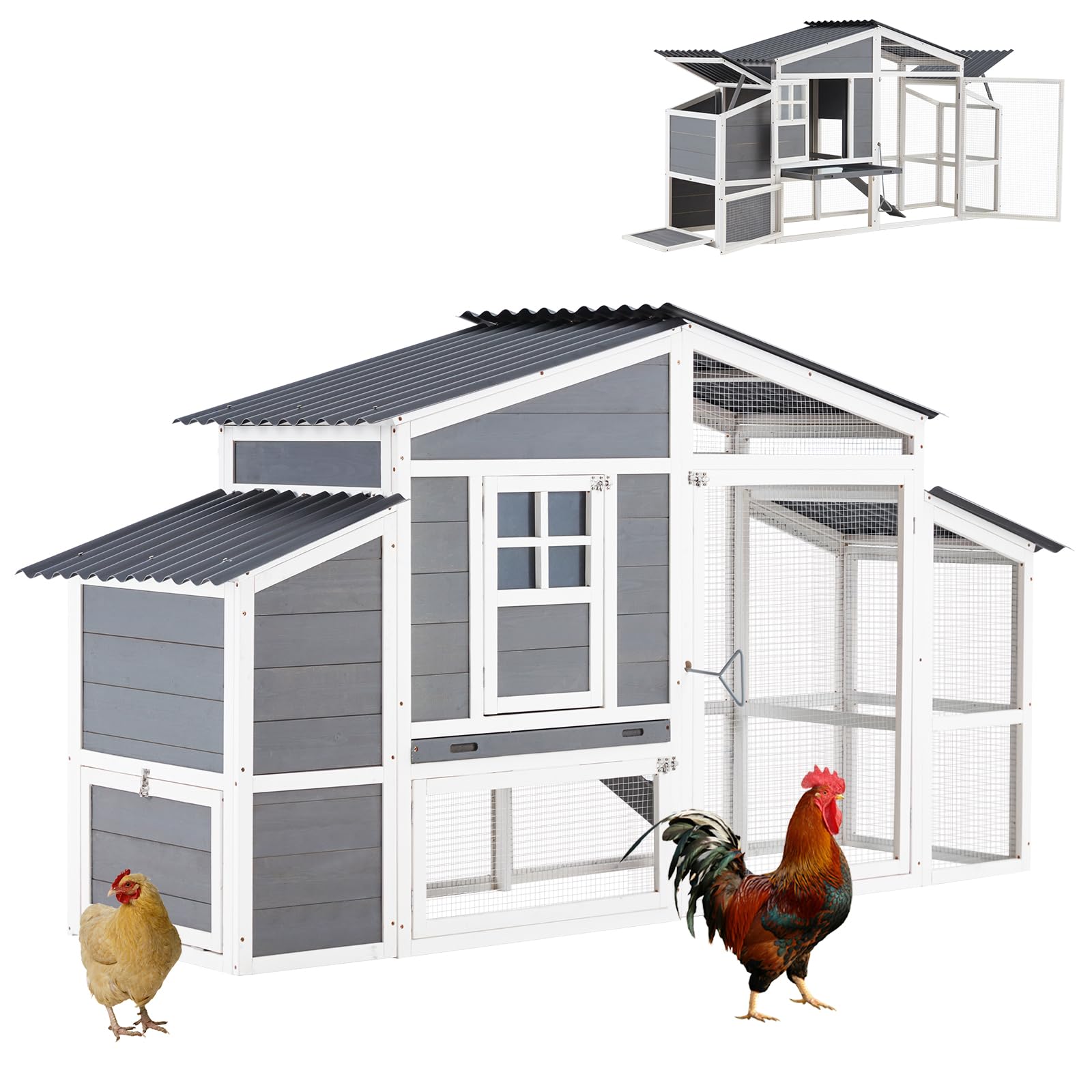AECOJOY Large Chicken Coop, Wooden 81" Chicken Coop with Run&Waterproof Roof Hen House Outdoor 2 Story Poultry Cage w/Nesting Boxes, Ramp