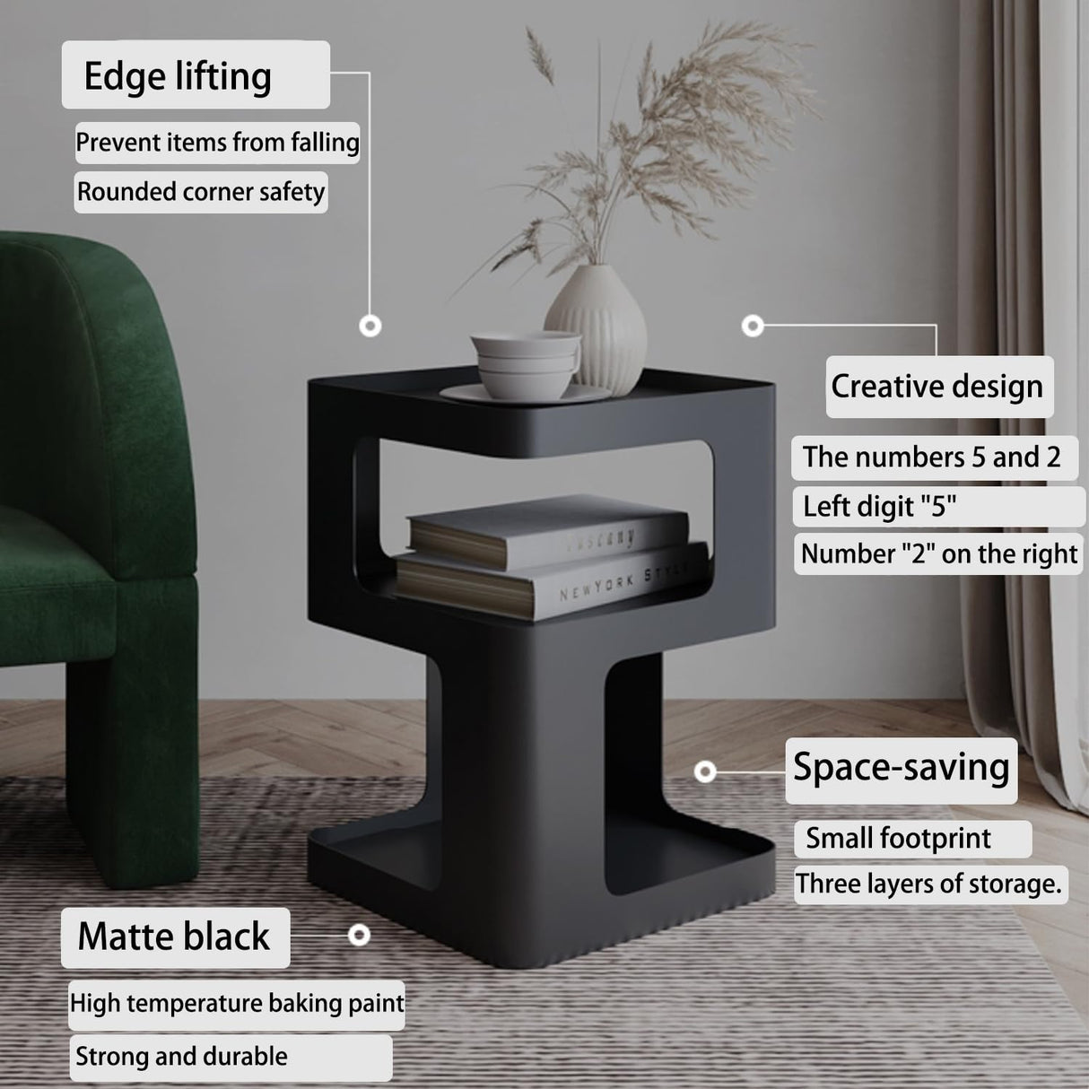 Side Table,Modern end Table,Black Metal nightstand,Bedside Tables,Accent Table