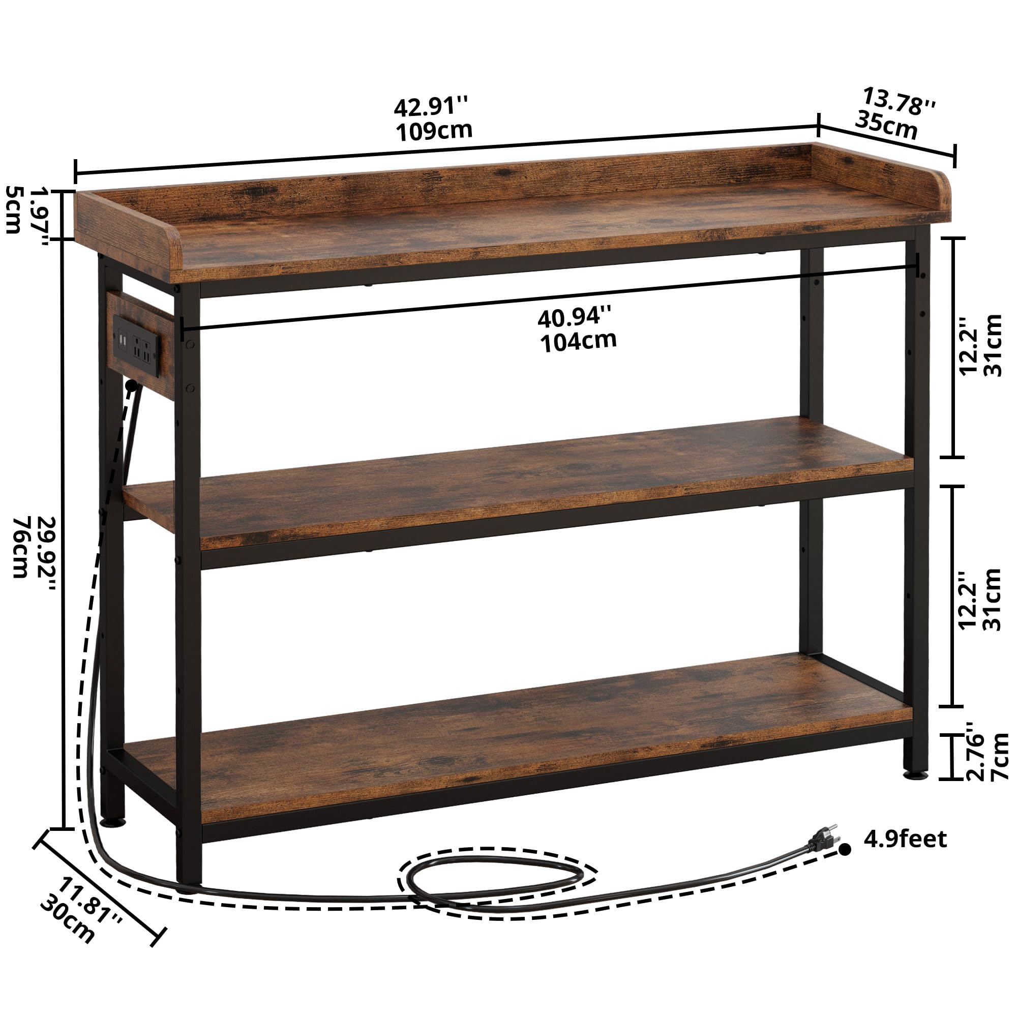 Farmhouse Console Table with Power Outlet - Height Adjustable Entryway Table 43"
