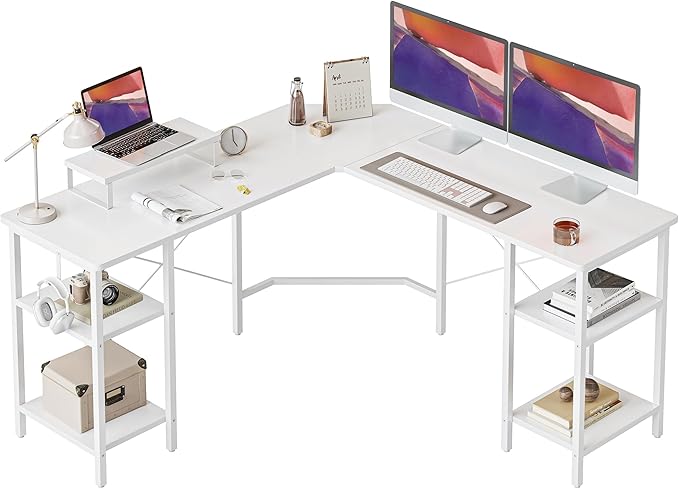 L Shaped Desk with Shleves, 58 inch Large Corner Desk with Two Storage, Space Saving