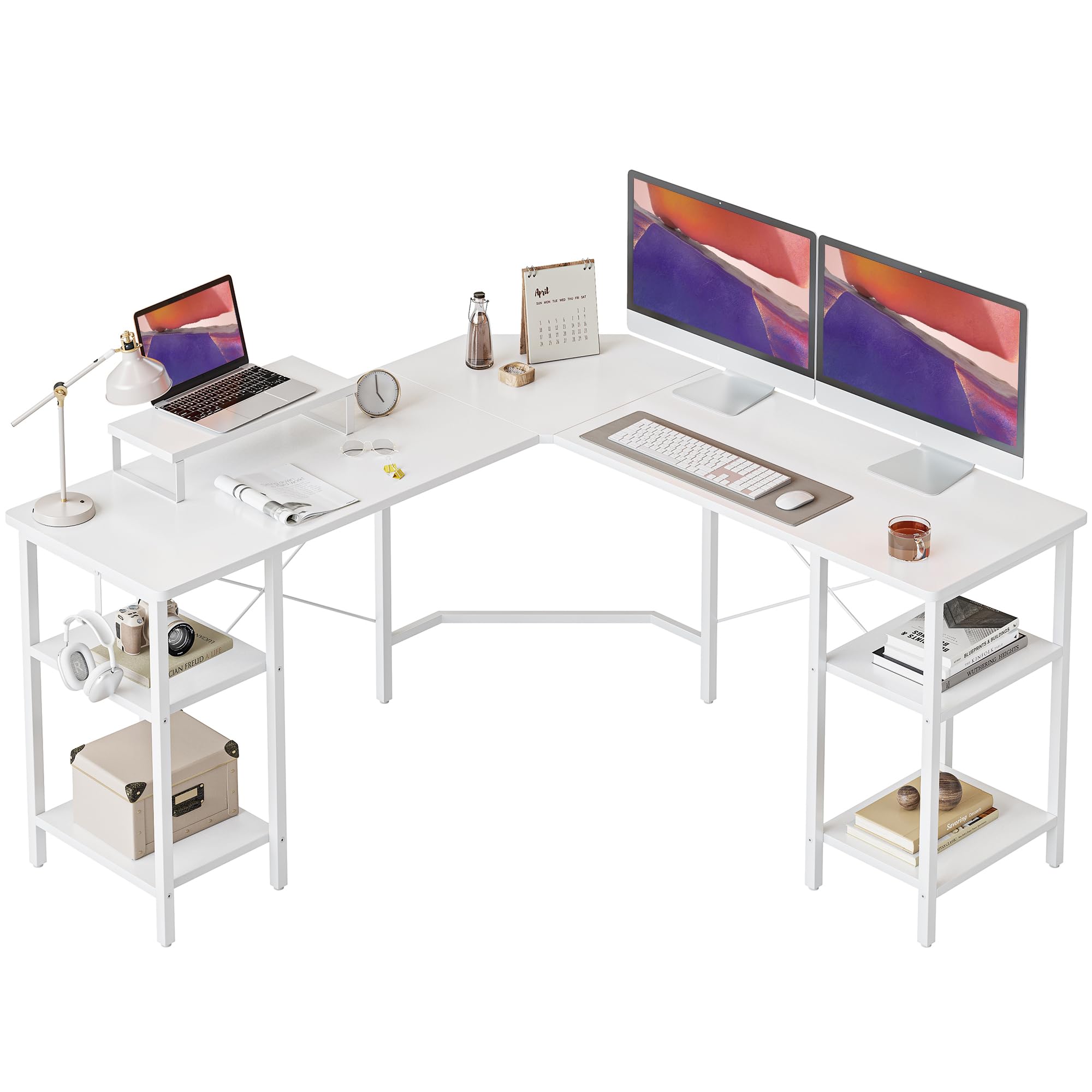 L Shaped Desk with Shleves, 58 inch Large Corner Desk with Two Storage, Space Saving