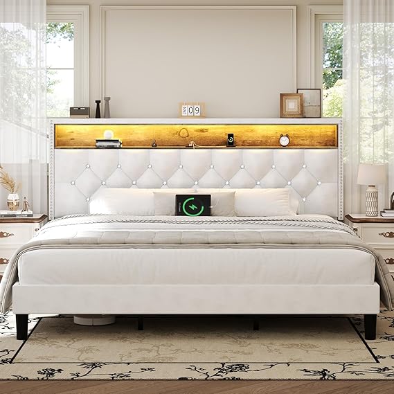King Size Bed Frame with LED Lights and Storage Headboard